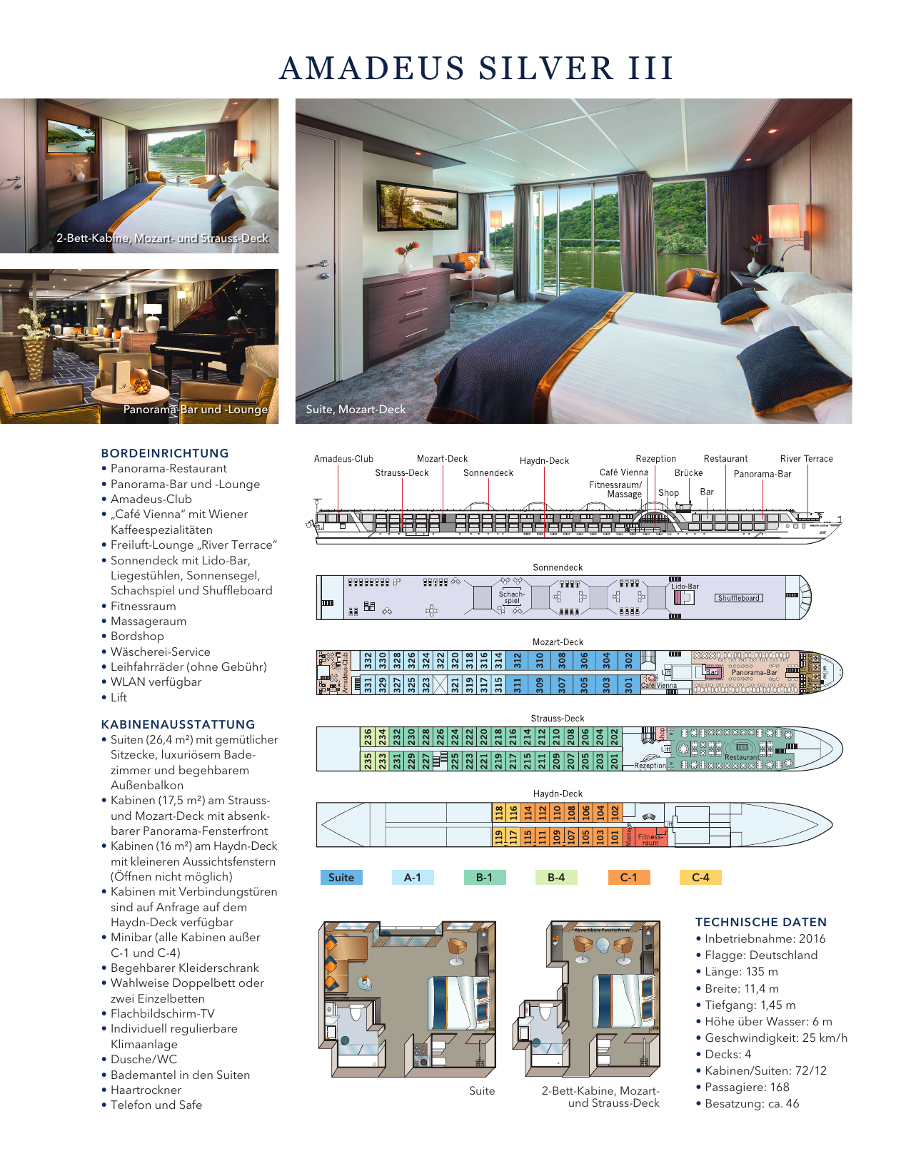Infoblatt mit Kabinen, Deckplan und Ausstattung der AMADEUS Silver III